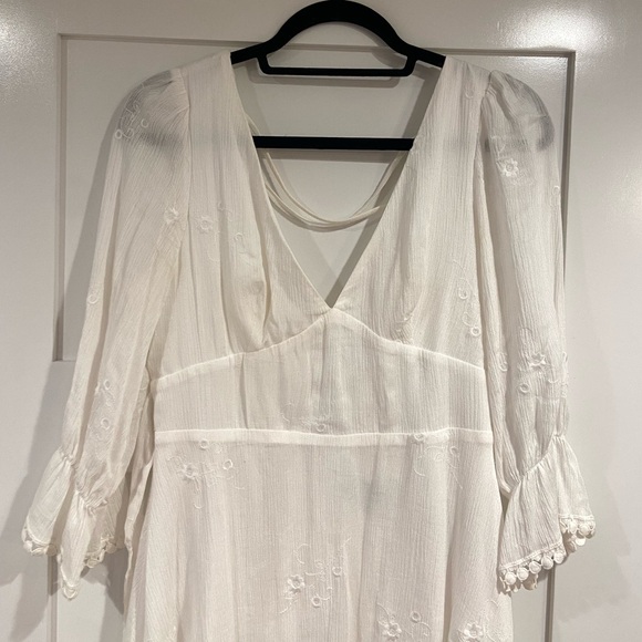 Embroidered white v neck sundress with open back and back bow tie detail - Picture 6 of 10